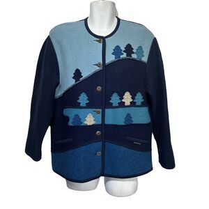 Geiger Collection Austria blue winter pine tree Wool cardigan Jacket size 38